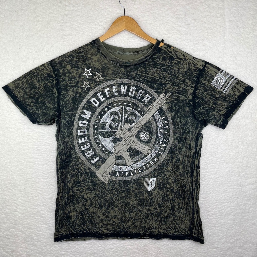 Affliction Freedom Defender Tactical Graphic T-Shirt Mens Green Acid Wash Large‎